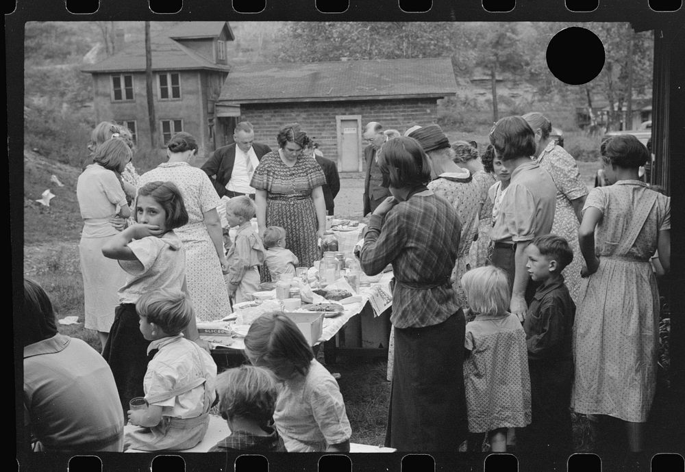 [Untitled photo, possibly related to: Prayer, or grace, at Sunday school picnic in abandoned mining town of Jere, West…