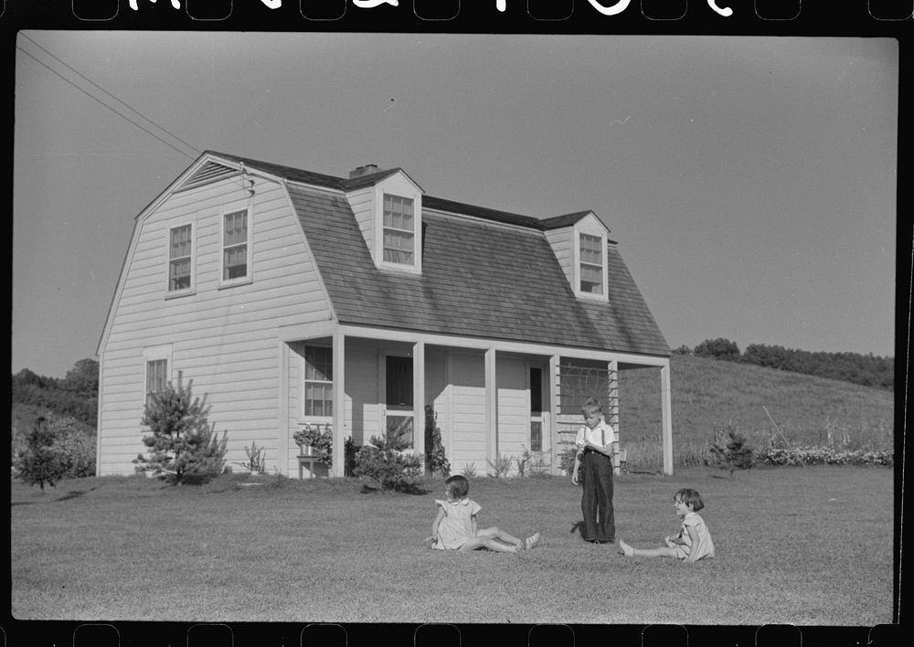 Children of homesteaders playing on their front lawn, Tygart Valley, West Virginia by Marion Post Wolcott