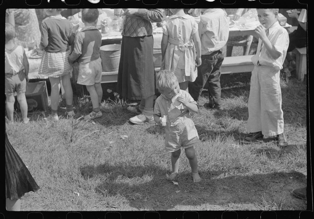 [Untitled photo, possibly related to: Sunday school picnic brought into abandoned mining town of Jere, West Virginia, by…