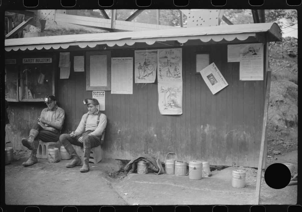 [Untitled photo, possibly related to: Coal miners waiting for next trip into the mine, Maidsville, West Virginia]. Sourced…