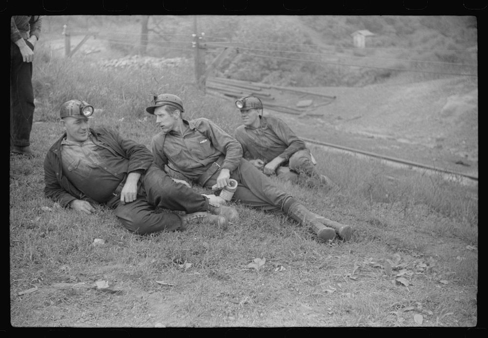 [Untitled photo, possibly related to: Coal miners waiting for the night shift to go in. Bertha Hill, West Virginia]. Sourced…