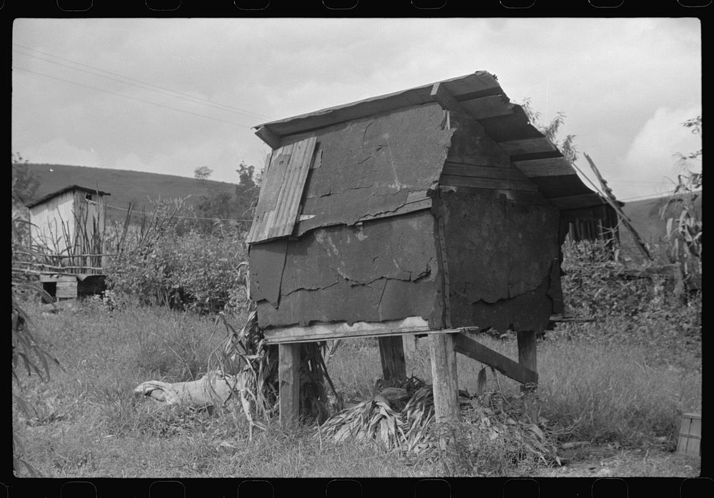 Corn crib in  coal miner's backyard, Bertha Hill, Scotts Run, West Virginia. Sourced from the Library of Congress.