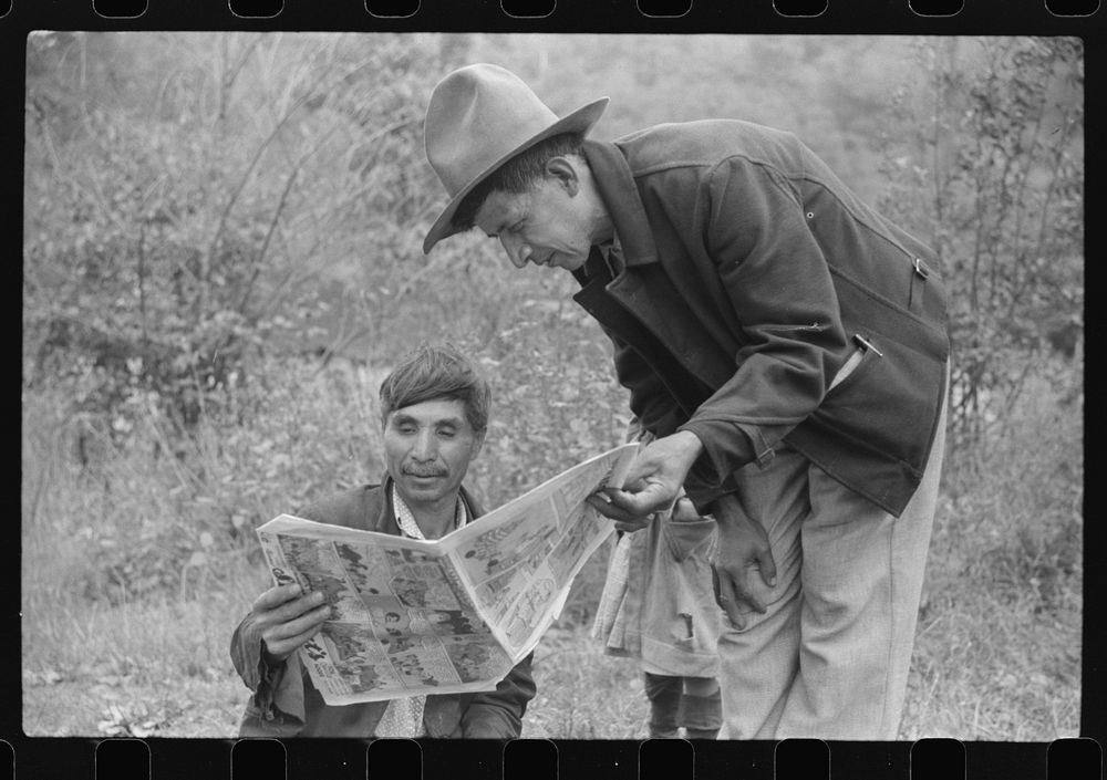 Mexican miners looking at "funny papers." Bertha Hill, Scotts Run, West Virginia. Sourced from the Library of Congress.