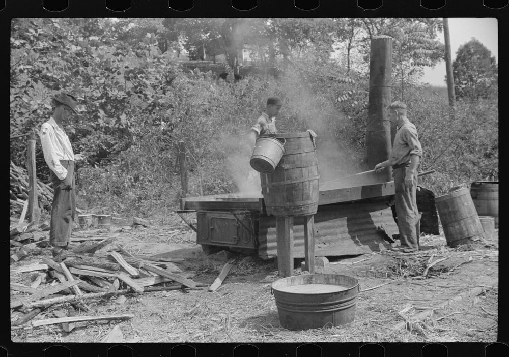 Boiling juice of sugarcane into sorghum molasses. Racine, West Virginia. Sourced from the Library of Congress.