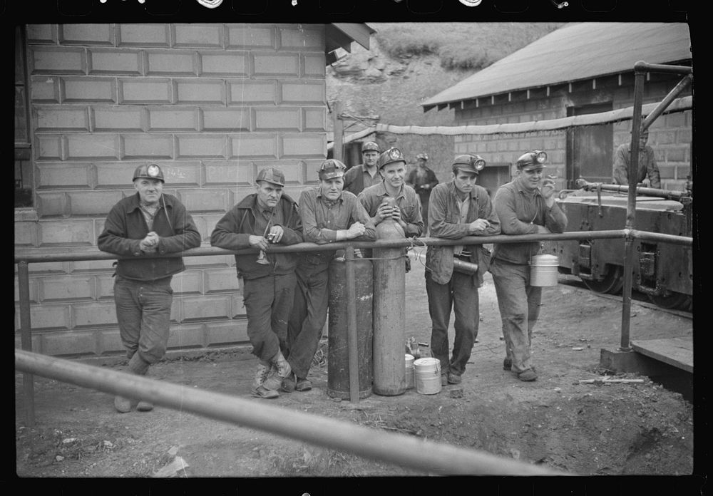 Coal miners ready for next trip into the mine. Maidsville, West Virginia. Sourced from the Library of Congress.