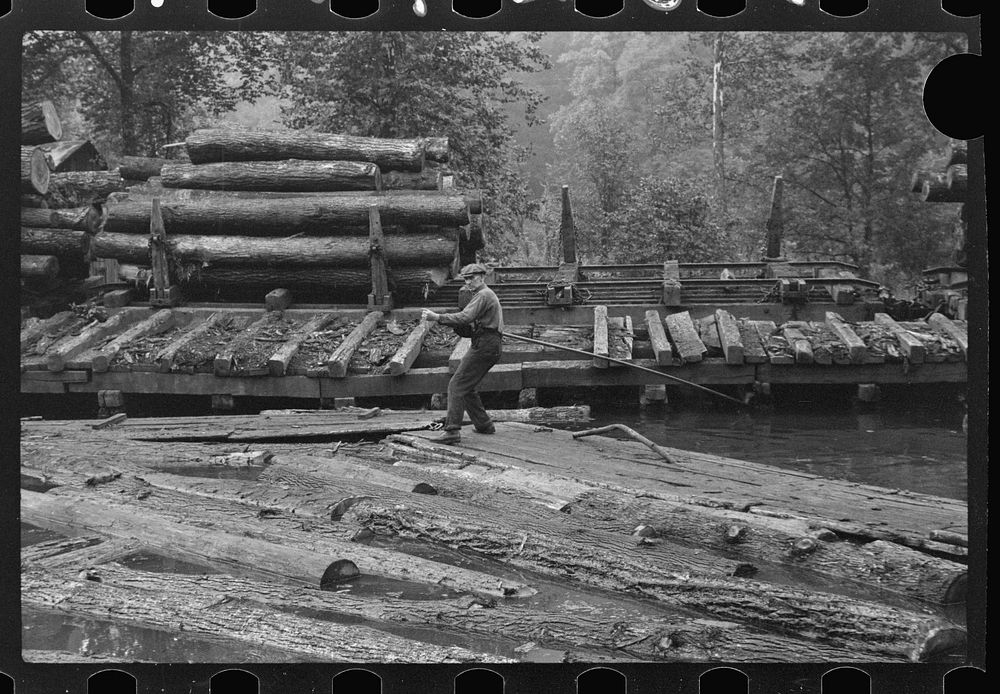 [Untitled photo, possibly related to: Pushing the logs toward the sawmill, Erwin, West Virginia]. Sourced from the Library…