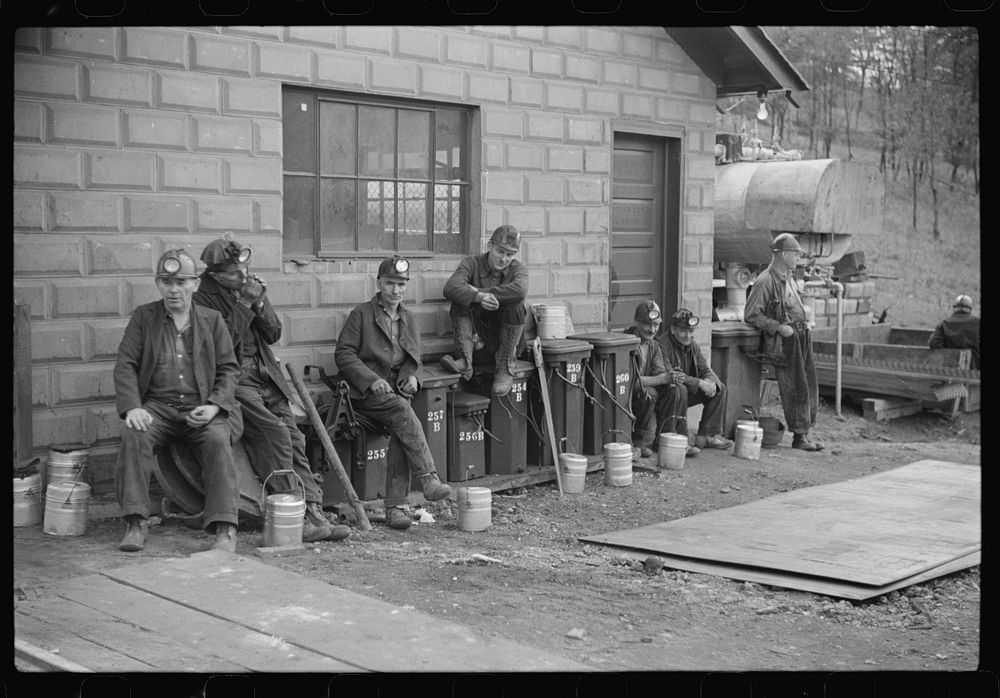 Coal miners waiting for next "trip" into the mines. Maidsville, West Virginia. Sourced from the Library of Congress.