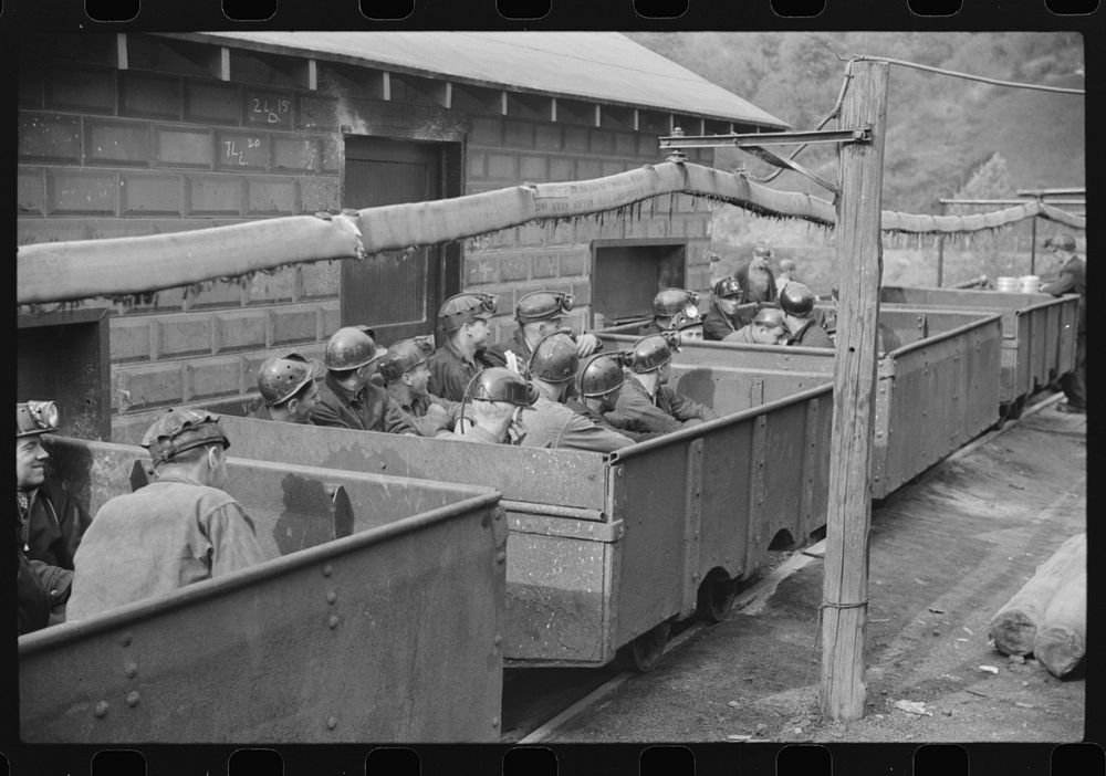 Coal miners in cars ready for next "trip" into mines, Maidsville, West Virginia. Sourced from the Library of Congress.