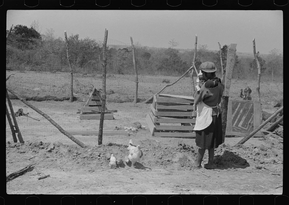 [Untitled photo, possibly related to: Charles McGuire's wife and baby looking at their new poultry yard and pen with…