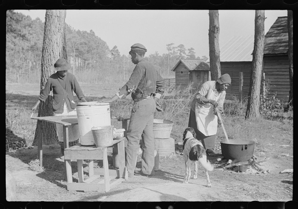 Rendering fat after hog-killing. Near Maxton, North Carolina. Sourced from the Library of Congress.