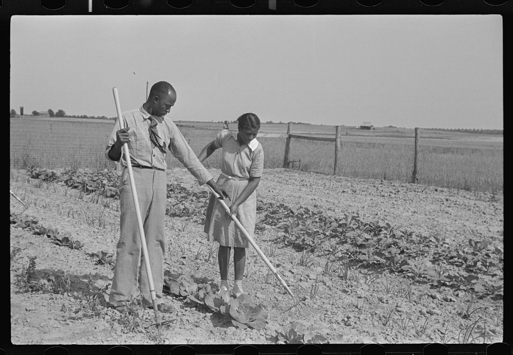 School principal helping student in school garden, Flint River Farms, Georgia. Sourced from the Library of Congress.