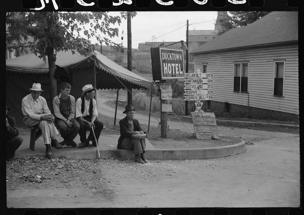 [Untitled photo, possibly related to: Picketing. Copper miners on strike waiting for scabs to come out of mines. Ducktown…