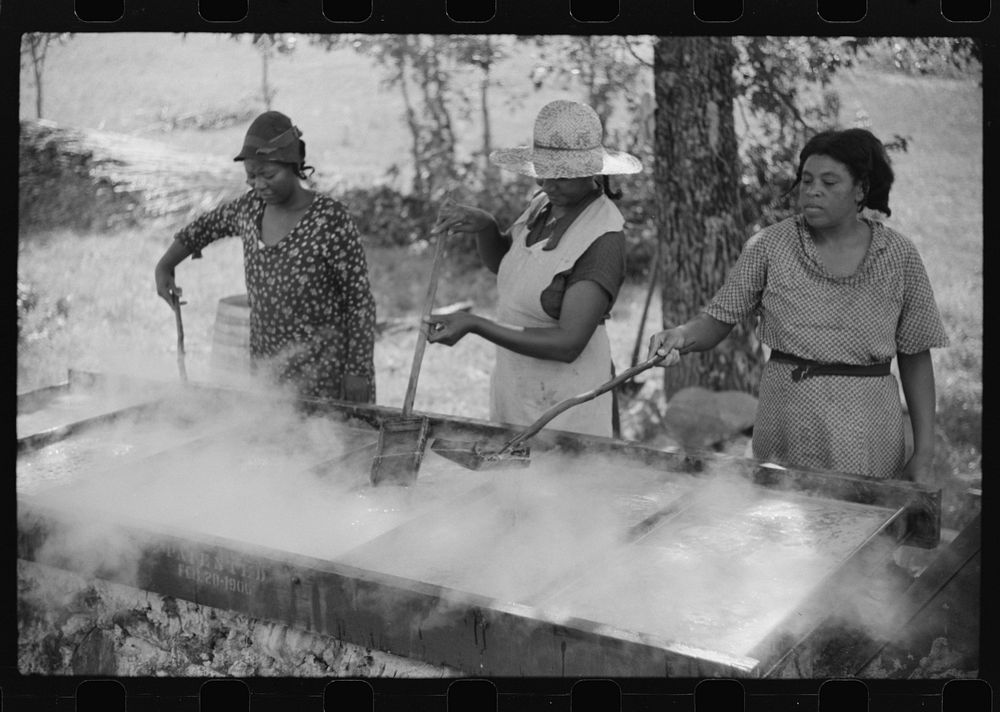 Skimming the boiling cane juice to make sorghum syrup at cane mill near Carr, Orange County, North Carolina. Sourced from…