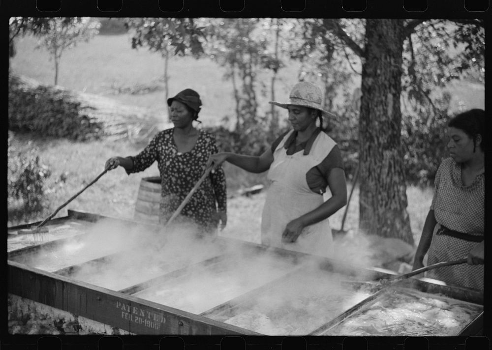 [Untitled photo, possibly related to: Skimming the boiling cane juice to make sorghum syrup at cane mill near Carr, Orange…