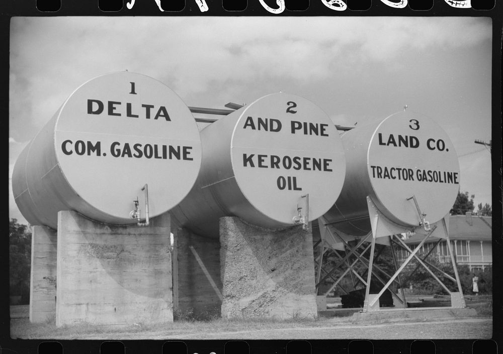Tanks of gas and oil for Delta and Pine Company, Scott, Mississippi Delta, Mississippi. Sourced from the Library of Congress.