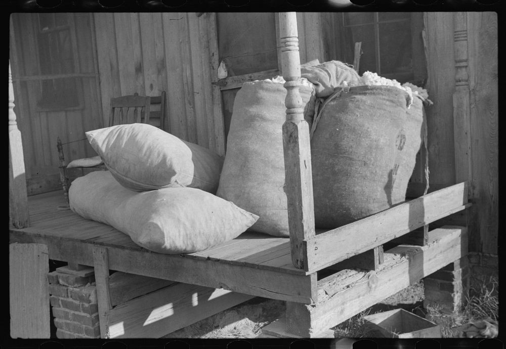 [Untitled photo, possibly related to: Sacks of cotton on wagehand's porch. Knowlton Plantation, Perthshire, Mississippi…