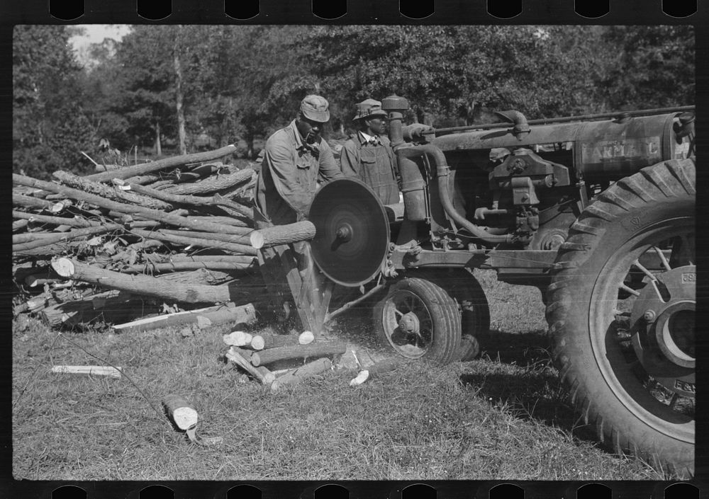 Sawing wood on the Jones' place, Marcella Plantation, Mileston, Mississippi Delta, Mississippi. Sourced from the Library of…
