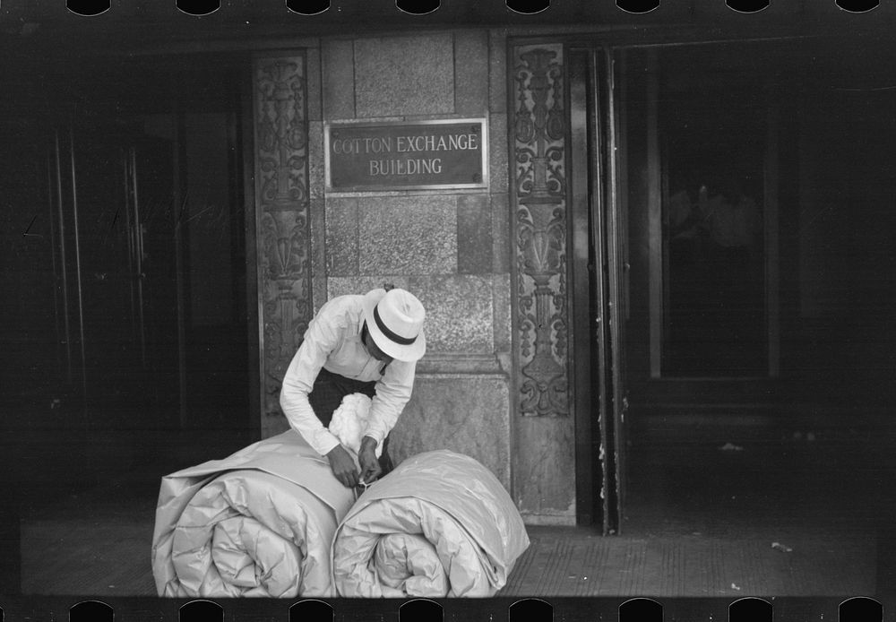 [Untitled photo, possibly related to: Cotton samples in front of cotton exchange building, Front Street, Memphis…
