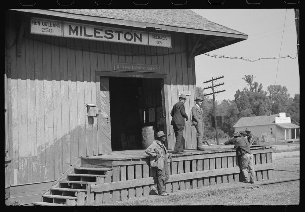 Railway station on cotton plantation, Mileston Plantation, Mississippi Delta, Mississippi. Sourced from the Library of…