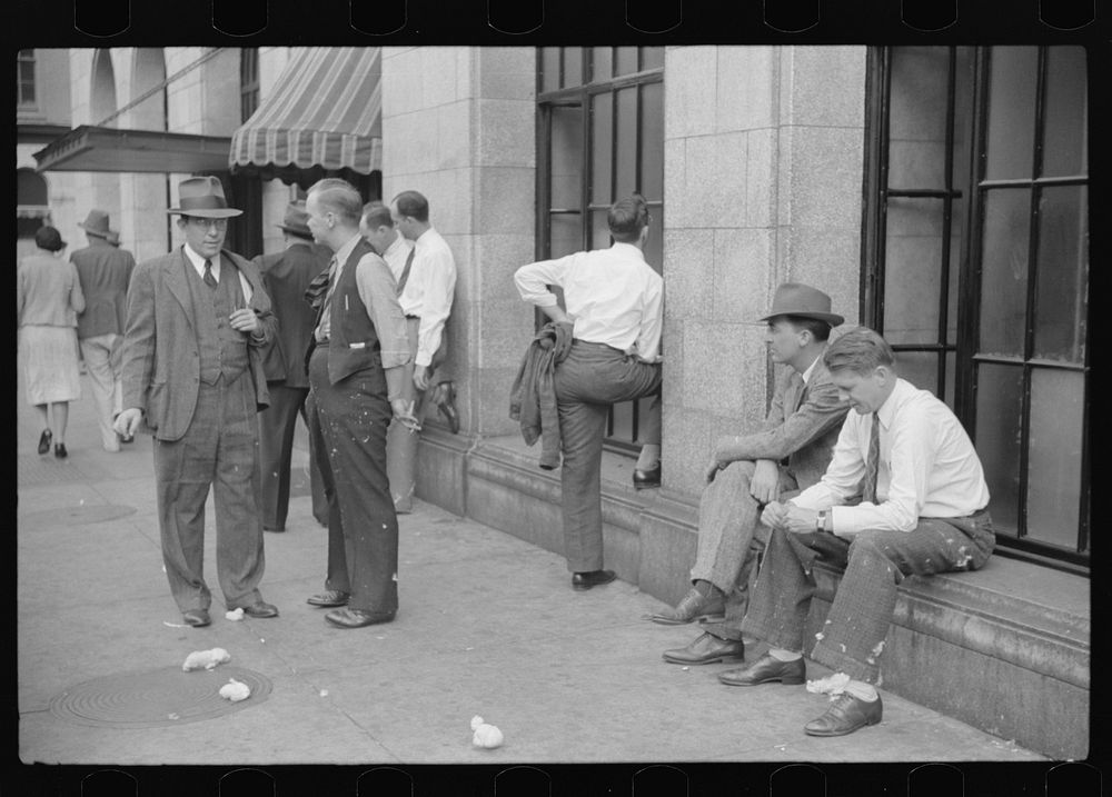 Cotton merchants and brokers outside the Memphis Cotton Exchange Building. Memphis, Tennessee. Sourced from the Library of…