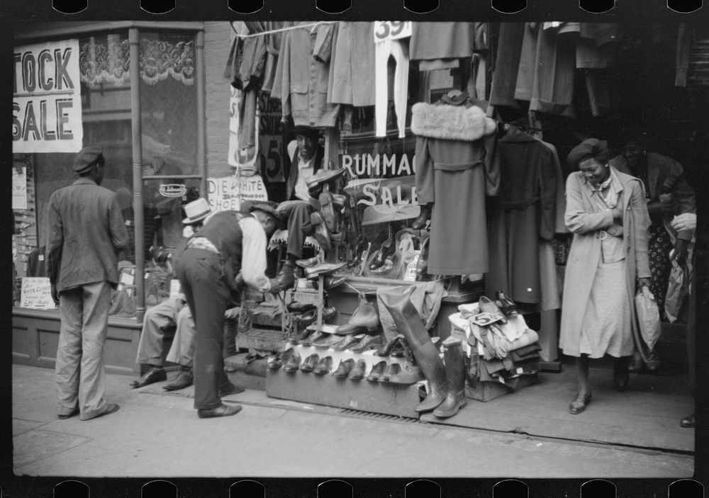 [Untitled photo, possibly related to: Secondhand clothing store on Beale Street, Memphis, Tennessee]. Sourced from the…