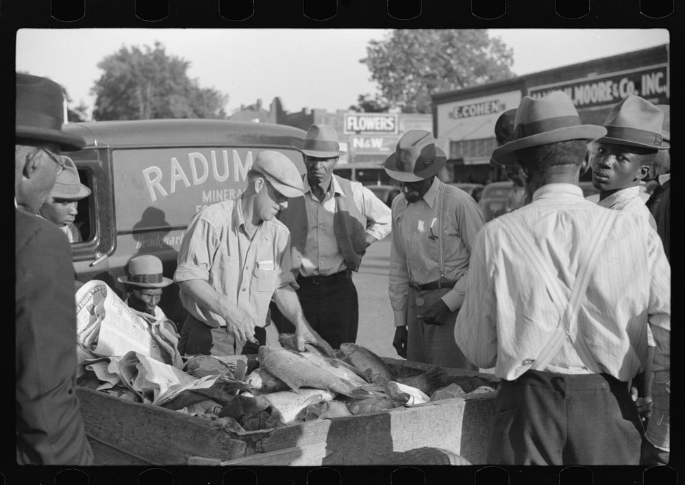 [Untitled photo, possibly related to: Selling fish on Saturday afternoon, Lexington, Holmes County, Mississippi Delta…