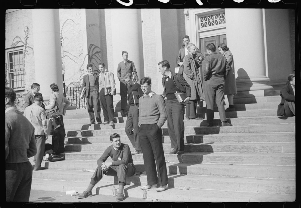 Students during change of classes. University of North Carolina, Chapel Hill, North Carolina. Sourced from the Library of…
