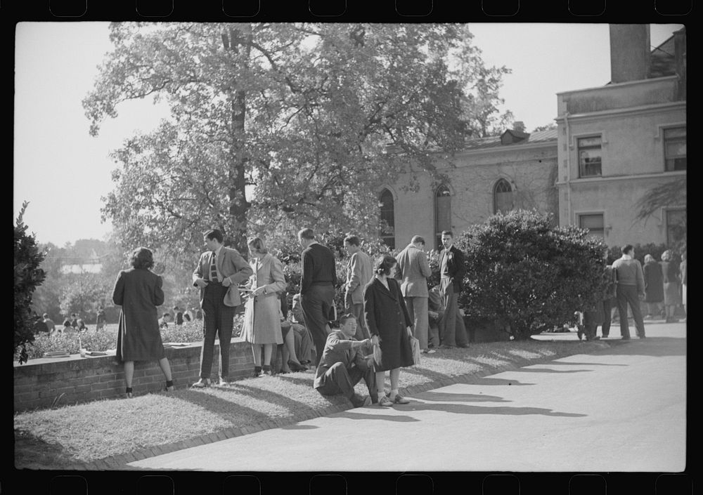 Students during change of classes, University of North Carolina, Chapel Hill, North Carolina. Sourced from the Library of…