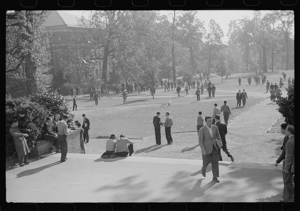 Students during change of classes. University of North Carolina, Chapel Hill, North Carolina. Sourced from the Library of…
