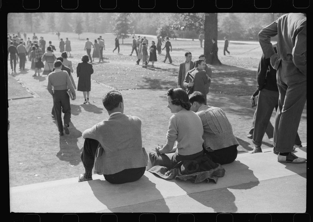 Students during change of classes, University of North Carolina, Chapel Hill, North Carolina. Sourced from the Library of…