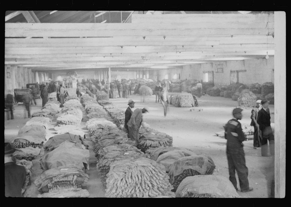 [Untitled photo, possibly related to: Tobacco auction in large warehouse, Durham, North Carolina]. Sourced from the Library…