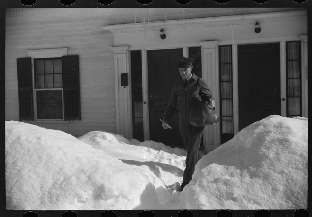 [Untitled photo, possibly related to: Woodstock, Vermont(?). Mailman making deliveries after a heavy snowfall]. Sourced from…