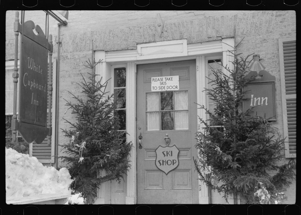 [Untitled photo, possibly related to: Front door of white Cupboard Inn, old home converted into tavern for winter and summer…