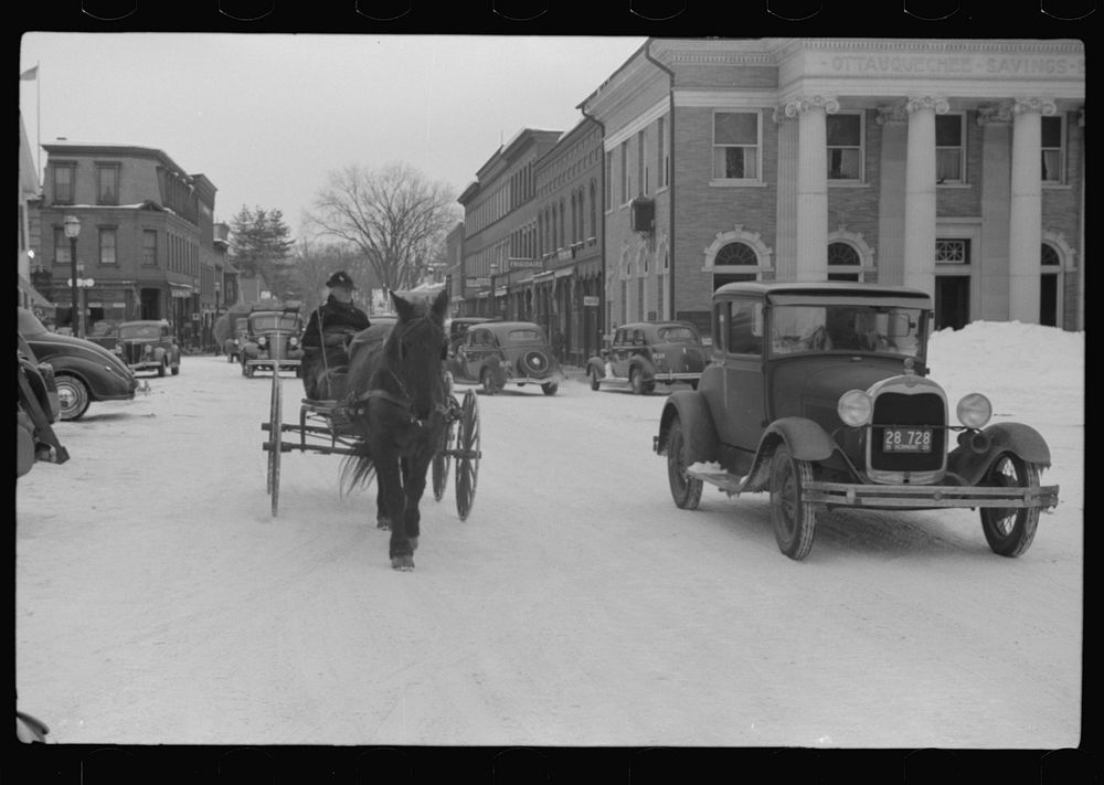 Center of Woodstock, Vermont on Saturday afternoon after snow storm.. Sourced from the Library of Congress.
