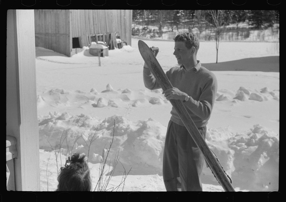 [Untitled photo, possibly related to: Skiers on porch of Mr. Dickinson's home in Lisbon, Franconia, New Hampshire. He…