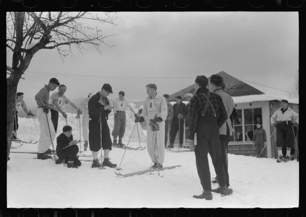 [Untitled photo, possibly related to: Skiers during noon hour outside of toll house at foot of Mount Mansfield, Smugglers…