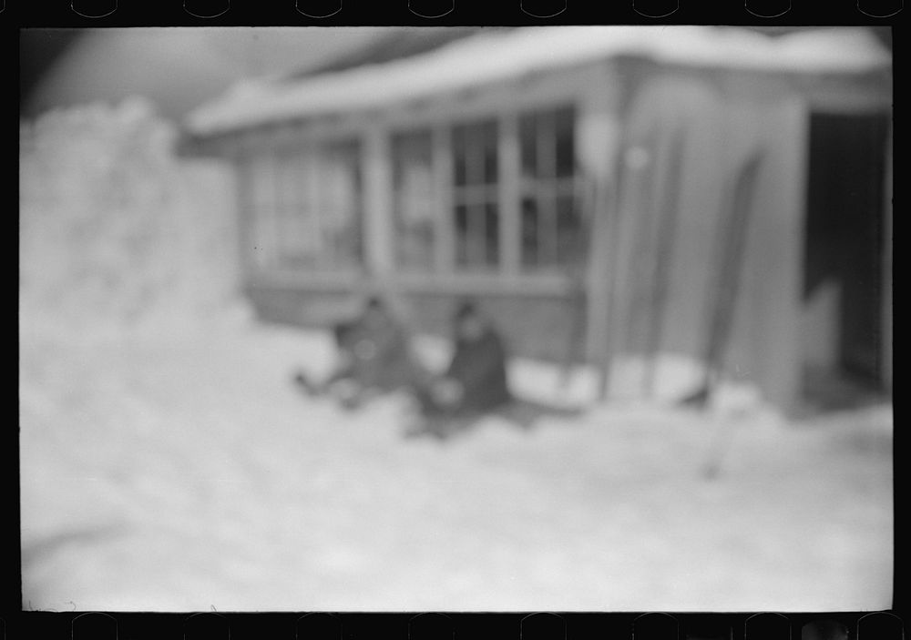 [Untitled photo, possibly related to: Skis outside of Tollhouse at foot of Mount Mansfield, Smugglers Notch. Near Stowe…