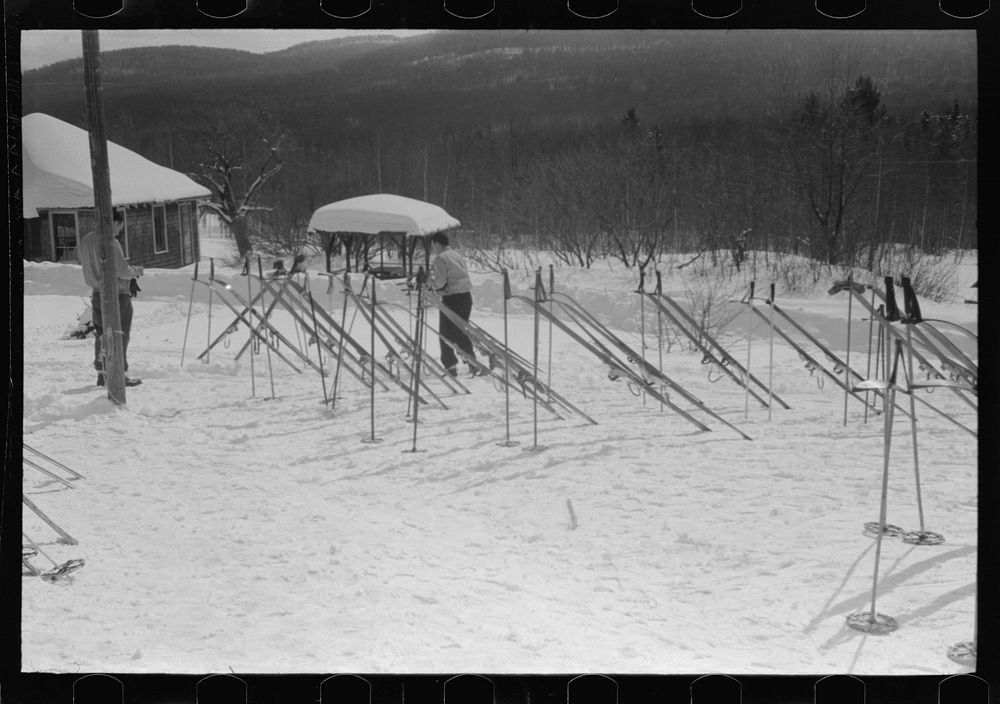 Skis outside of Tollhouse at foot of Mount Mansfield, Smugglers Notch. Near Stowe, Vermont. Sourced from the Library of…