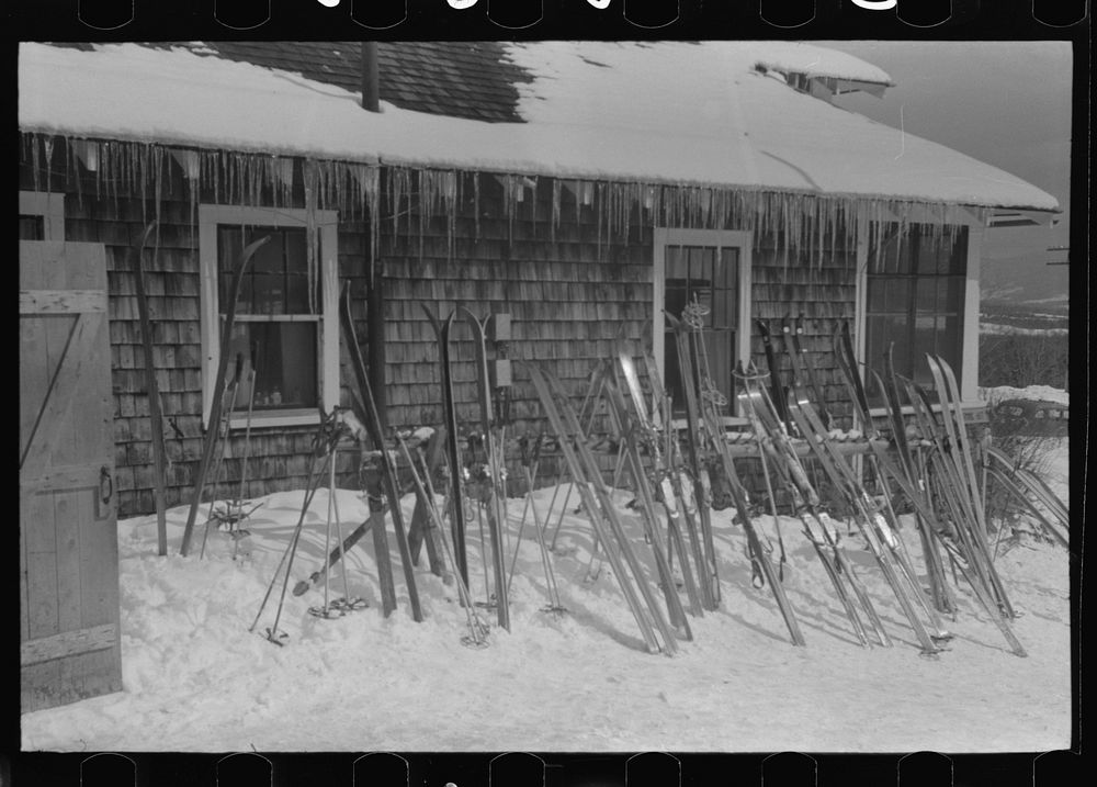 Skis outside of tollhouse at foot of Mount Mansfield, Smugglers Notch. Near Stowe, Vermont. Sourced from the Library of…