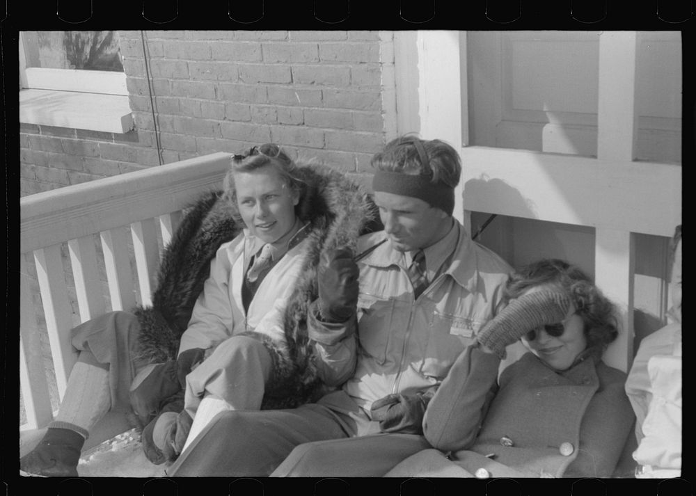 Skiers on porch of Mr. Dickinson's home in Lisbon near Franconia, New Hampshire. Sourced from the Library of Congress.