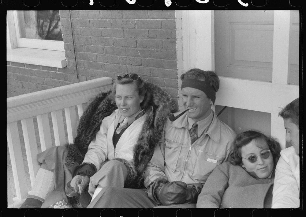 [Untitled photo, possibly related to: Skiers on porch of Mr. Dickinson's home in Lisbon near Franconia, New Hampshire].…