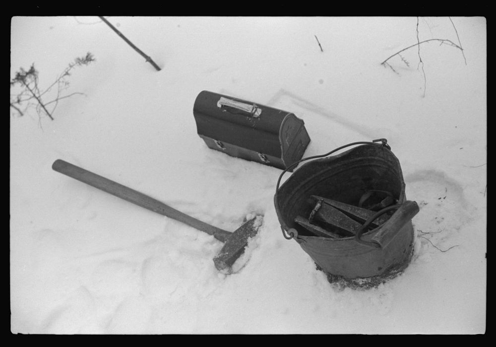 [Untitled photo, possibly related to: Lumbermen's tools and lunch box near Littleton, New Hampshire]. Sourced from the…