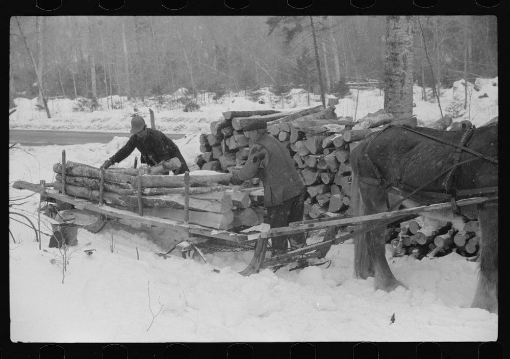 [Untitled photo, possibly related to: Farmer hauling wood for winter fuel near Littleton, New Hampshire]. Sourced from the…