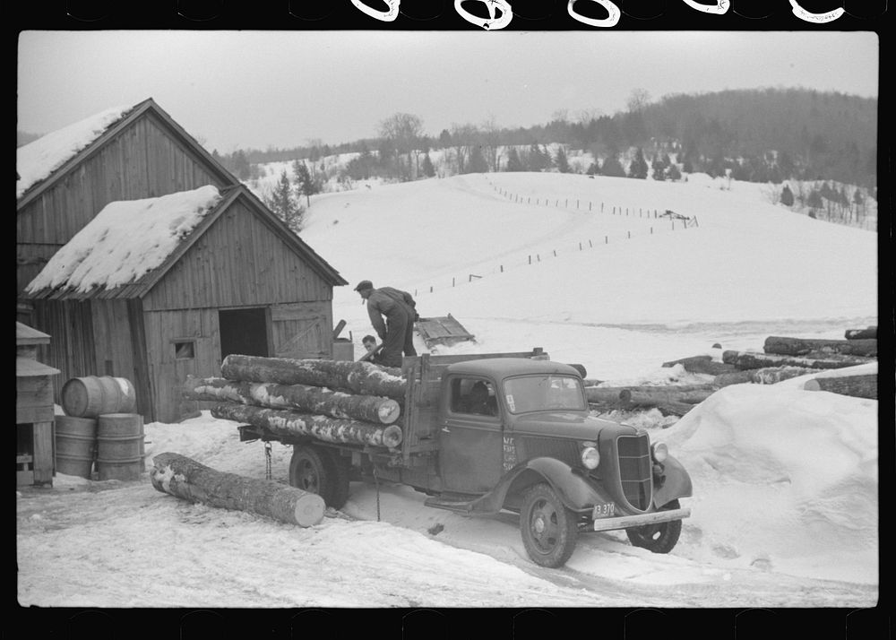 Truck picking up logs to be taken to the mill on farm near Waterbury, Vermont. Sourced from the Library of Congress.