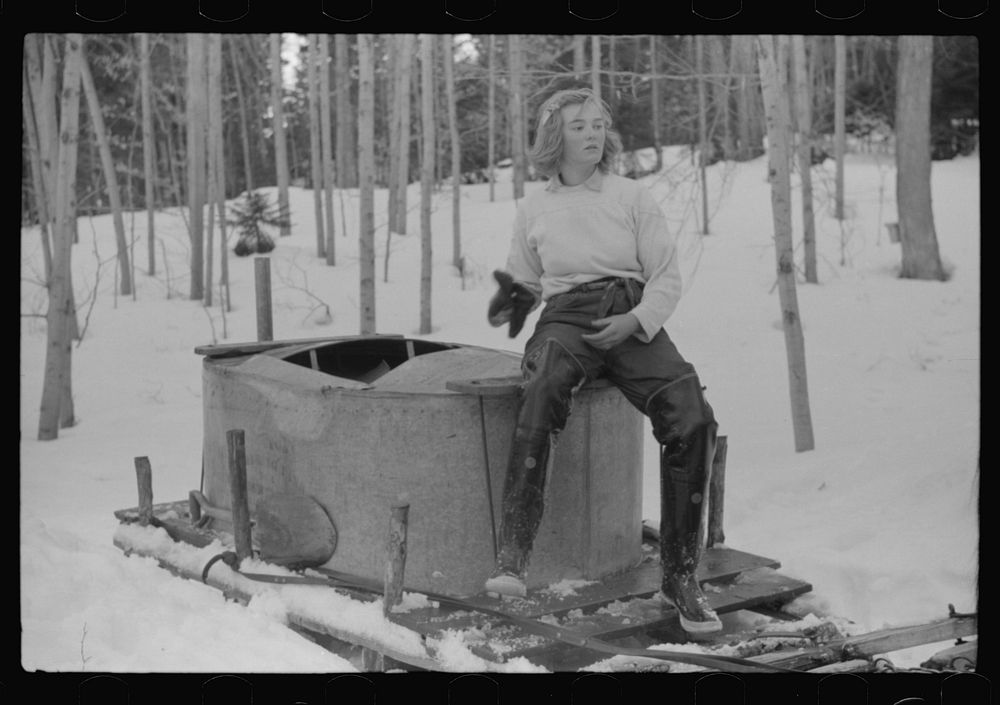 Young neighbor (Julia Fletcher) of Frank H. Shurtleff resting while gathering sap from sugar trees for making maple syrup.…
