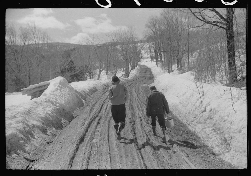 Two farmer's children going home after visiting a neighbor during spring thaw near Woodstock, Vermont. Sourced from the…
