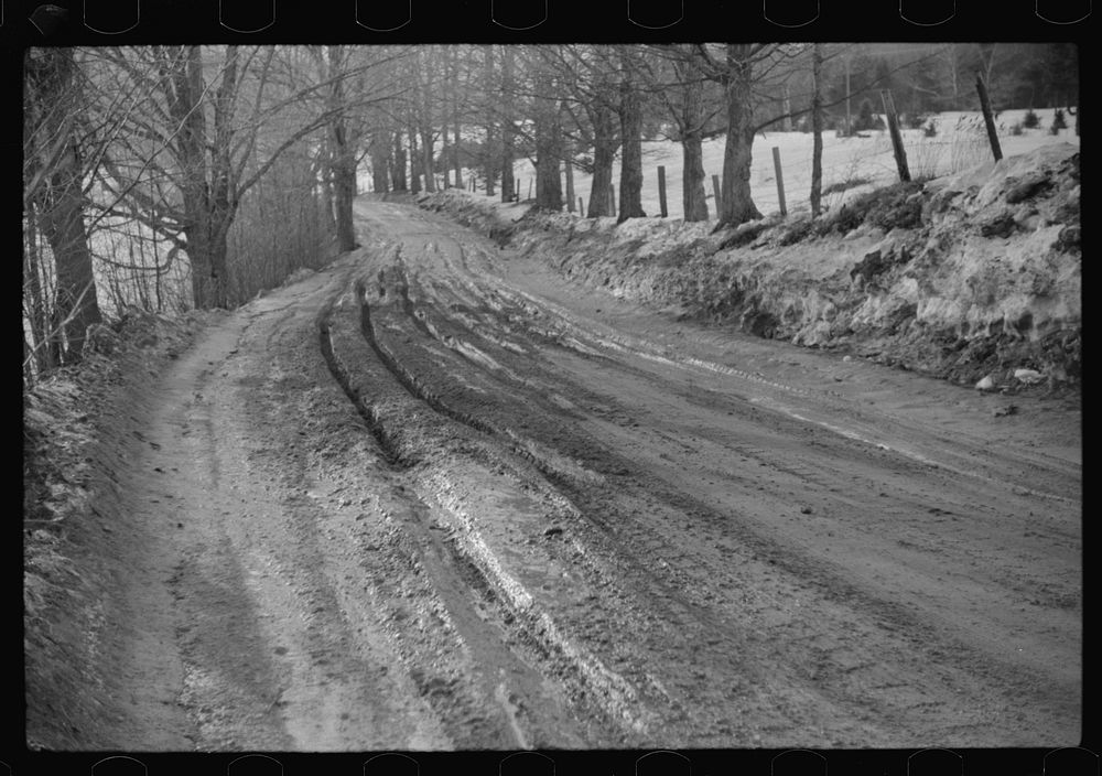 [Untitled photo, possibly related to: Muddy road after thaw, near Stowe, Vermont]. Sourced from the Library of Congress.