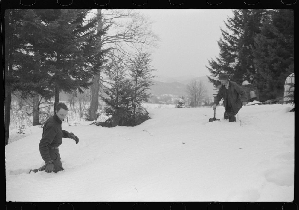 [Untitled photo, possibly related to: Walter Gaylord and son on sled with vat full of sap from sugar maple trees which is…