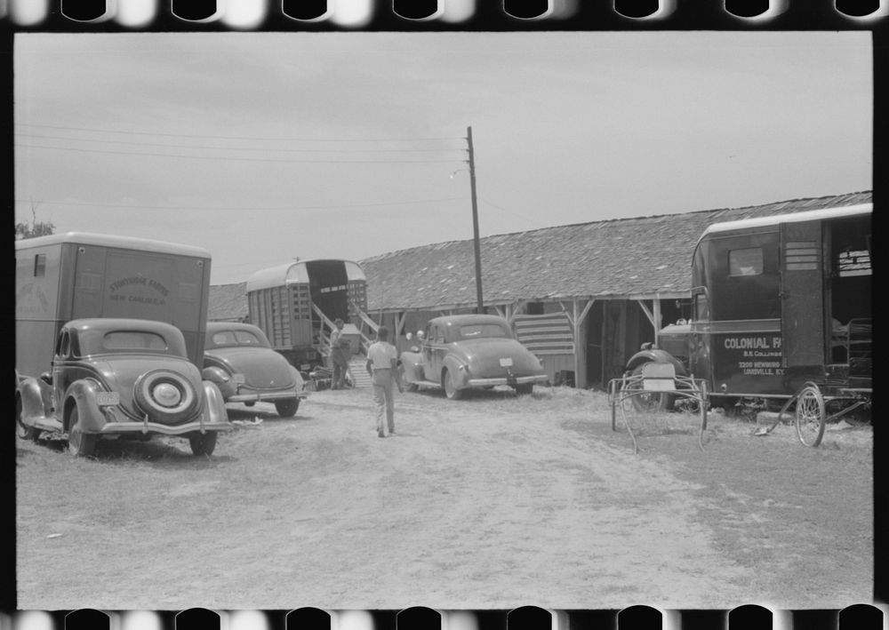 [Untitled photo, possibly related to: Unloading truck which transports horses and equipment. Shelby County Horse Show and…