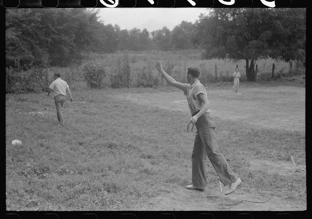 Pitching horseshoes at American Legion fish fry, Oldham County, Post 39, near Louisville, Kentucky. Sourced from the Library…